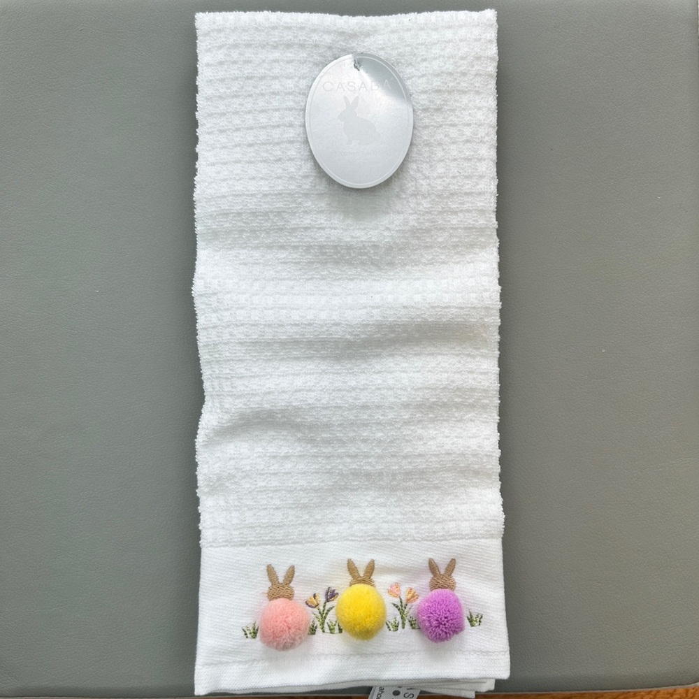 NWT - Casaba White Kitchen Towel Set Pastel Pom-Pom Bunny Accents Rainbow Stripe